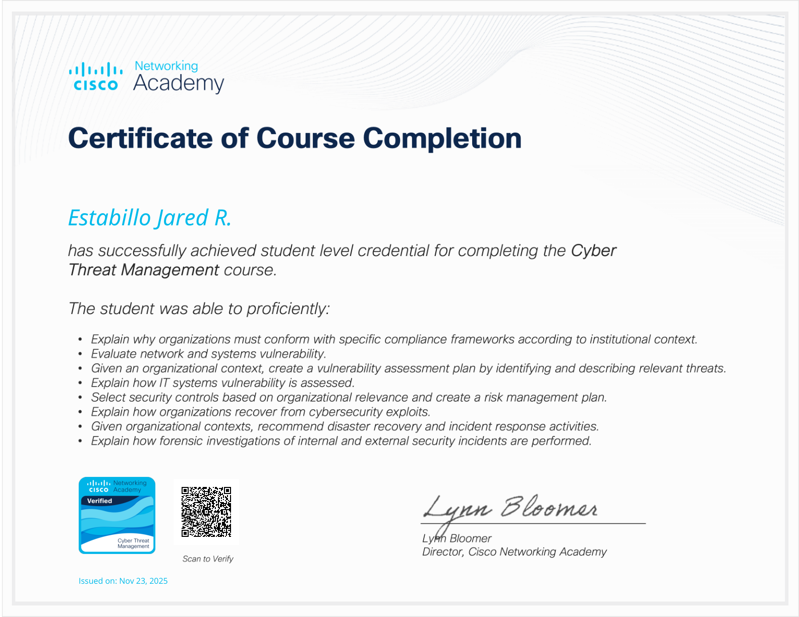 Cyber Threat Management course-completion certificate issued to Estabillo Jared R.