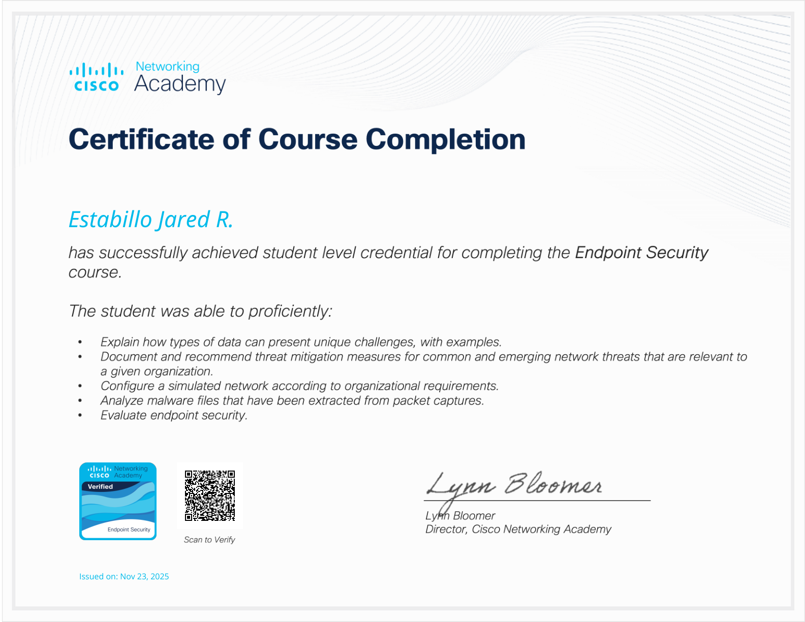 Endpoint Security course-completion certificate issued to Estabillo Jared R.