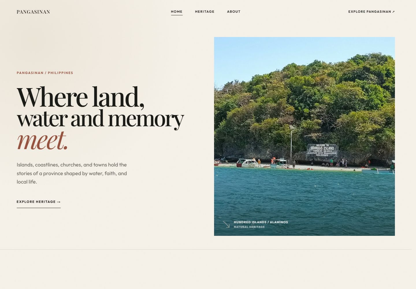 Pangasinan heritage homepage with expressive serif typography and a large photograph of Hundred Islands.
