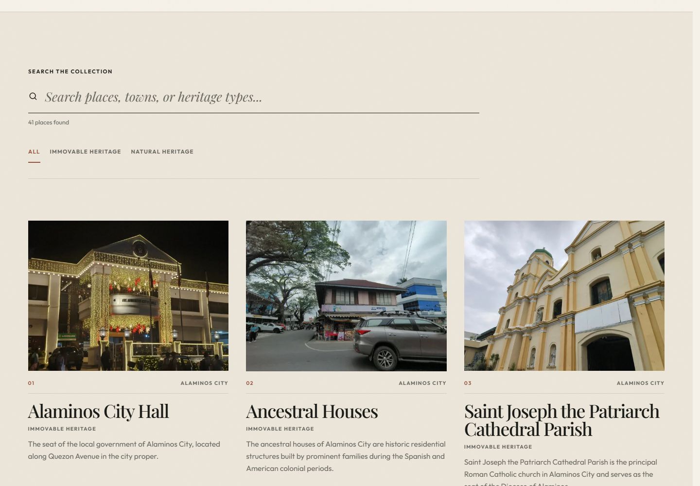 Pangasinan heritage archive with text search, heritage-class filters, and photographic place cards.