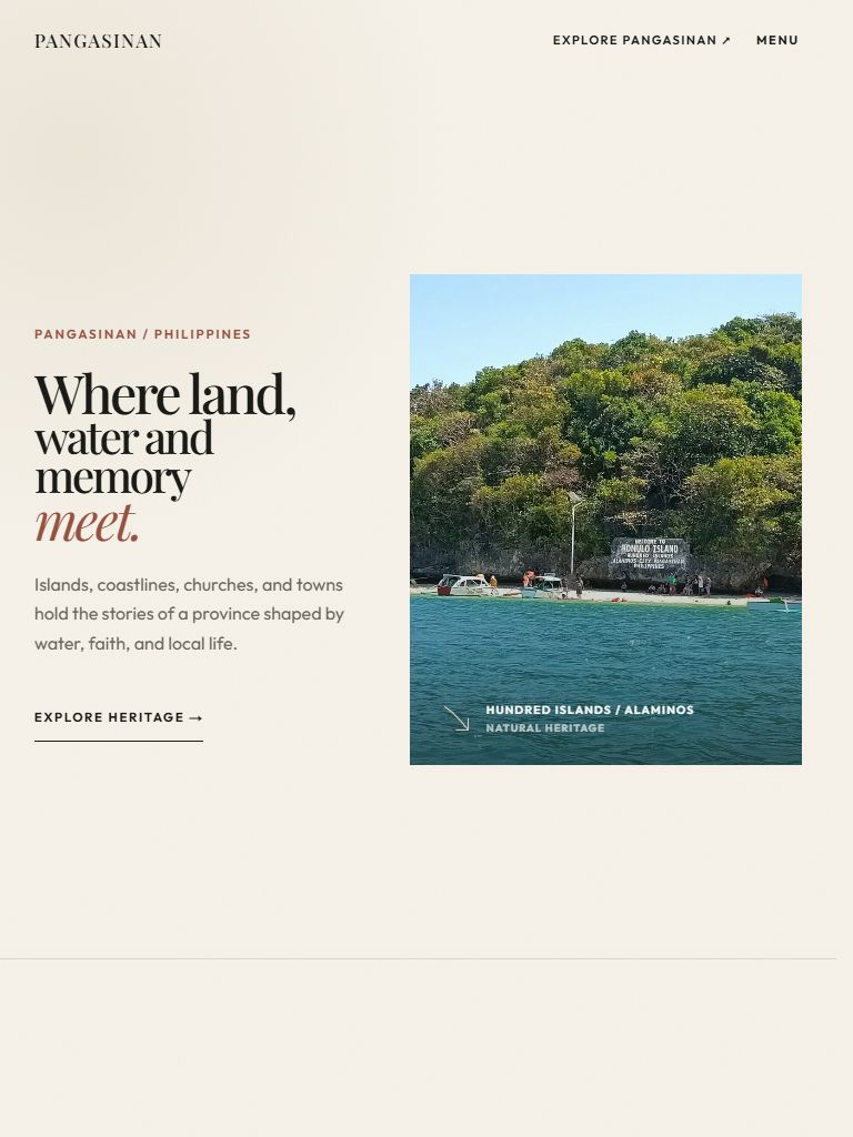 Pangasinan heritage homepage at tablet width, with adjusted typography and image proportions.