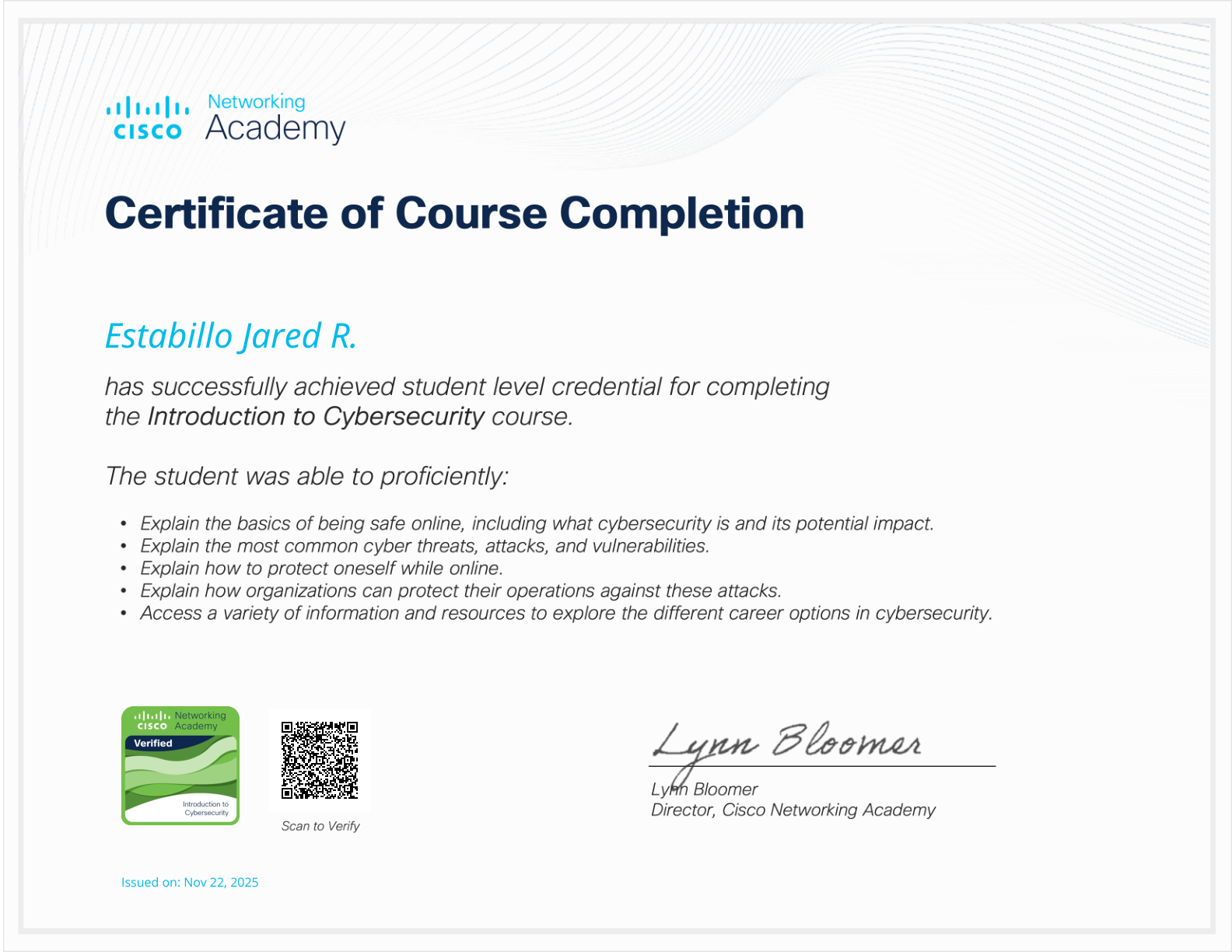 Introduction to Cybersecurity course-completion certificate issued to Estabillo Jared R.