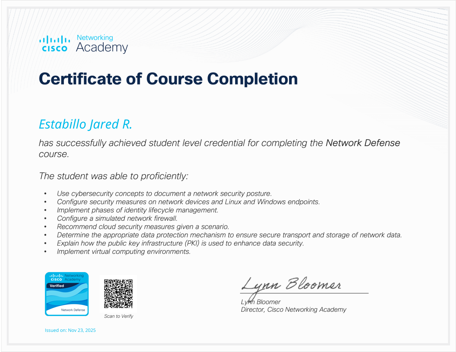Network Defense course-completion certificate issued to Estabillo Jared R.