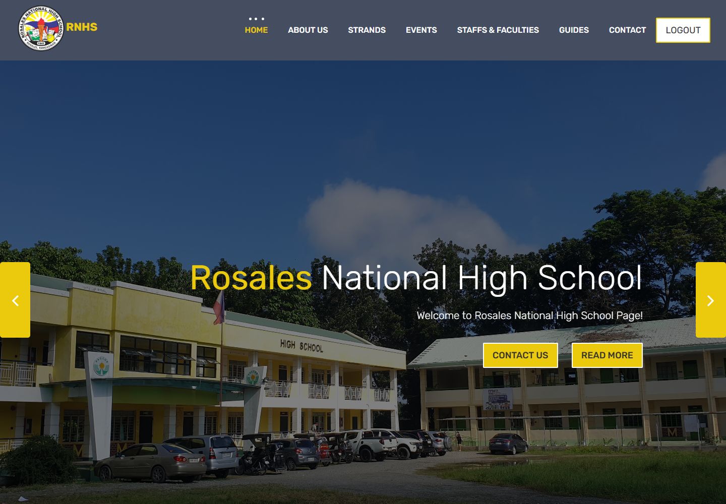 Rosales National High School website with campus photography, school navigation, and yellow calls to action.