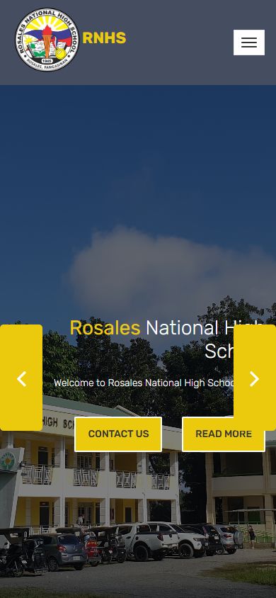 Rosales National High School prototype on mobile, with a compact school header and campus hero.