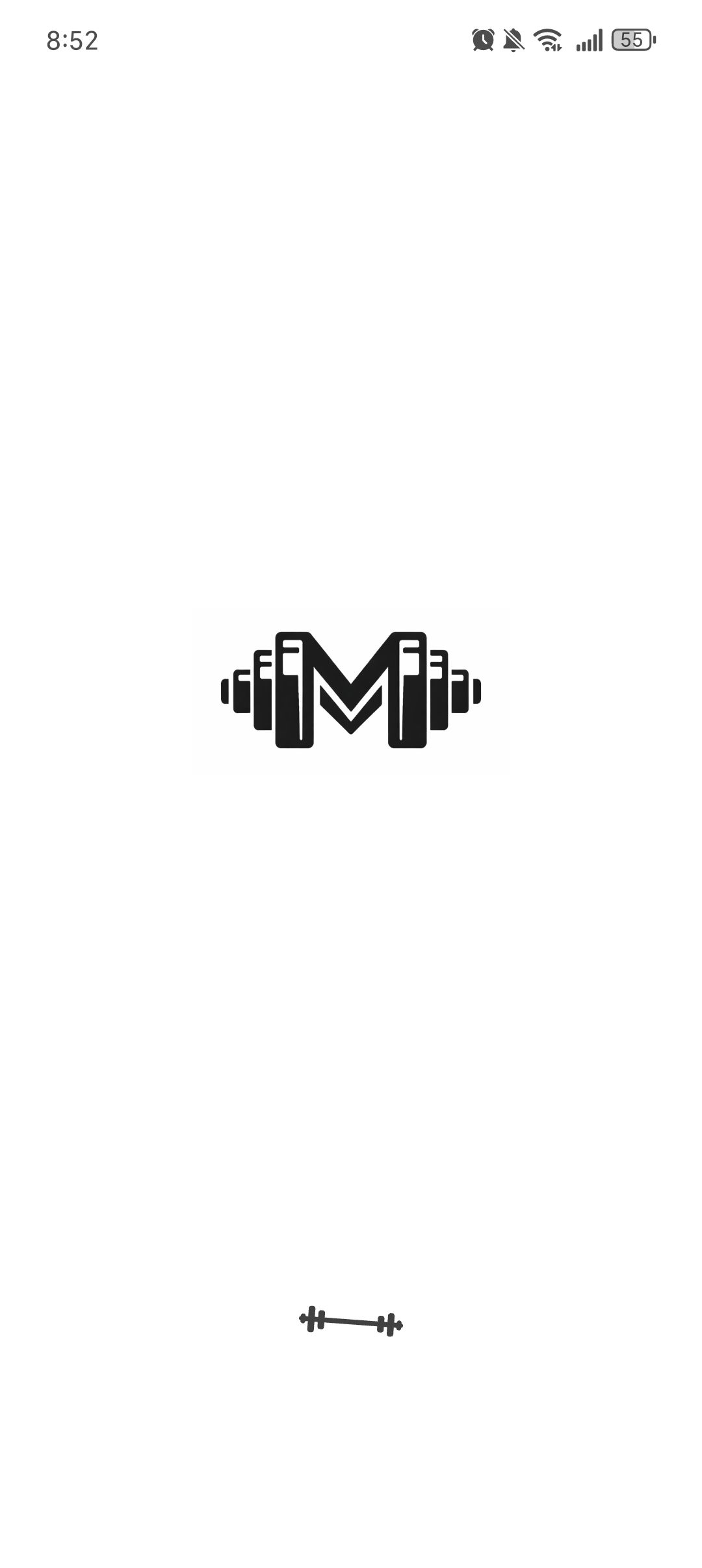 Muscle Mart splash screen with a black monogram shaped like a dumbbell on a white background.