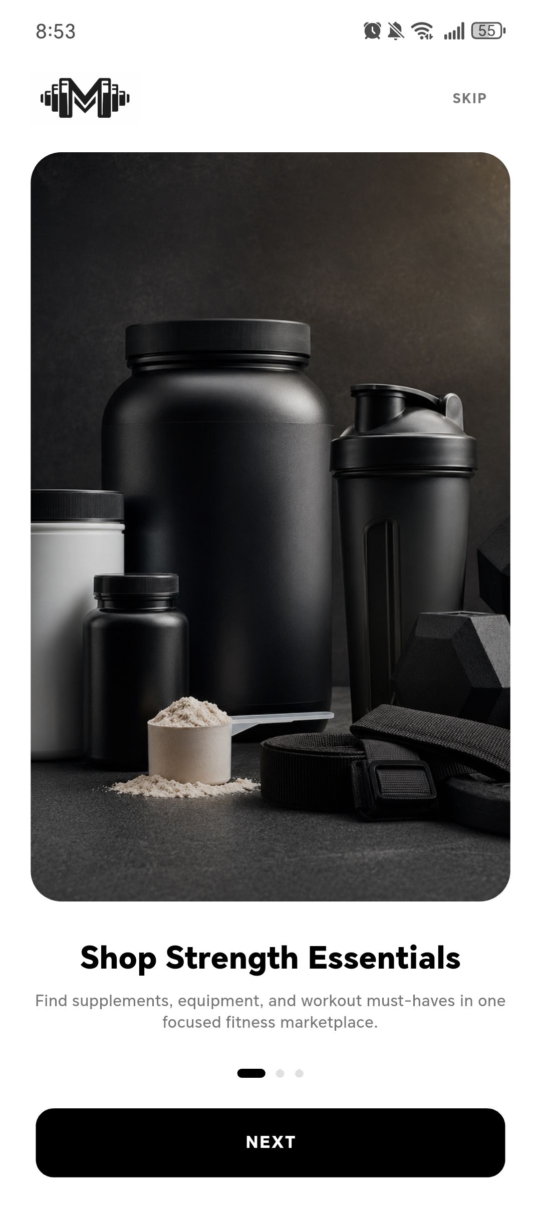 Muscle Mart onboarding with supplement photography, an introduction to the marketplace, and a Next button.