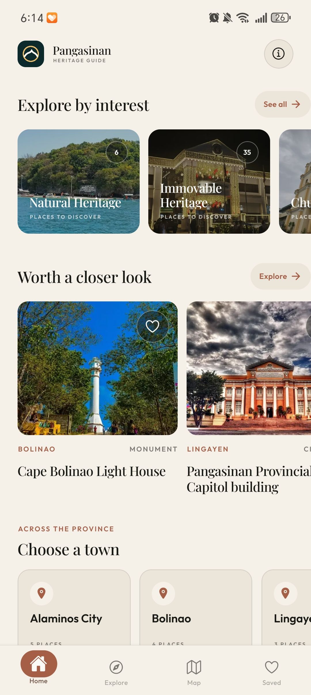 Natural and immovable heritage categories, featured destinations, and town discovery cards.