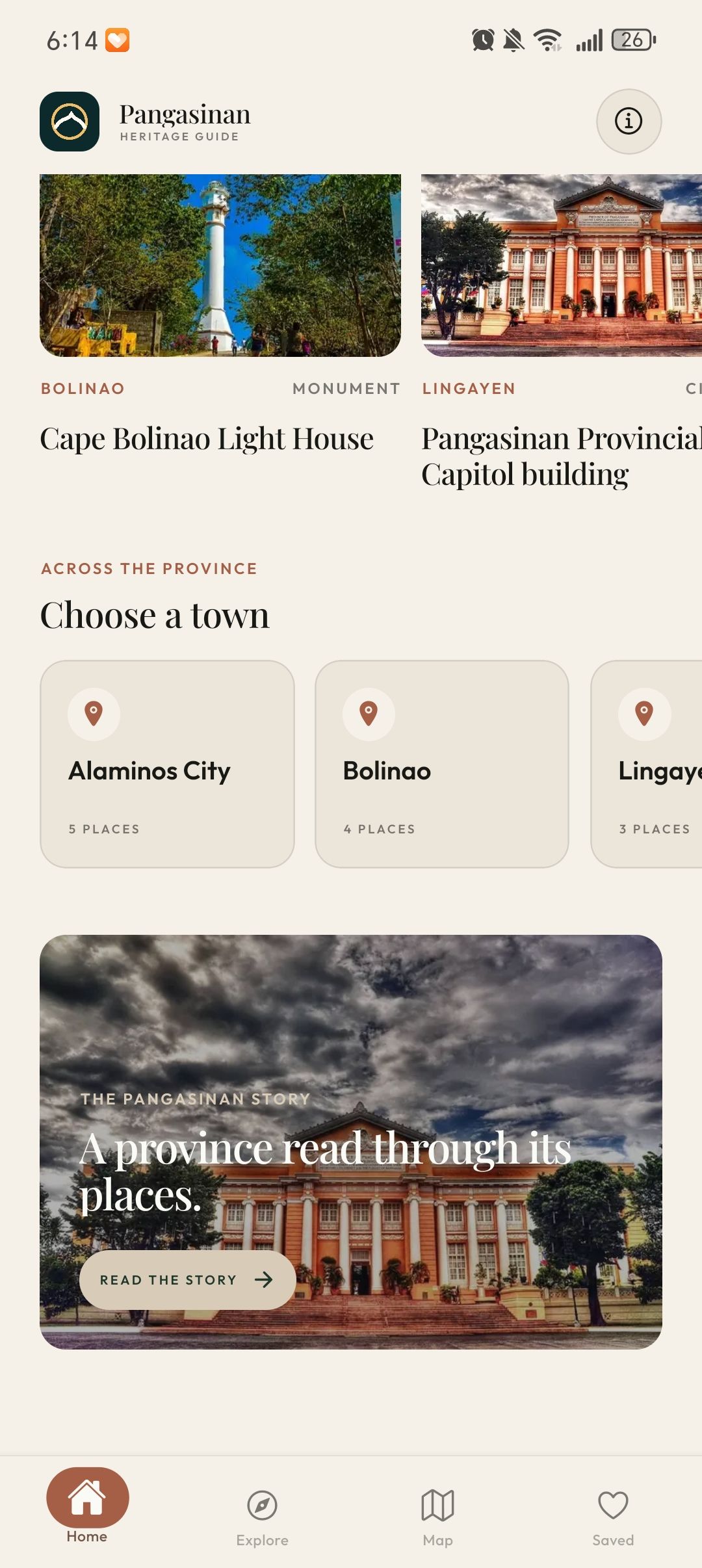 Alaminos, Bolinao, and Lingayen town cards above an introduction to the Pangasinan story.