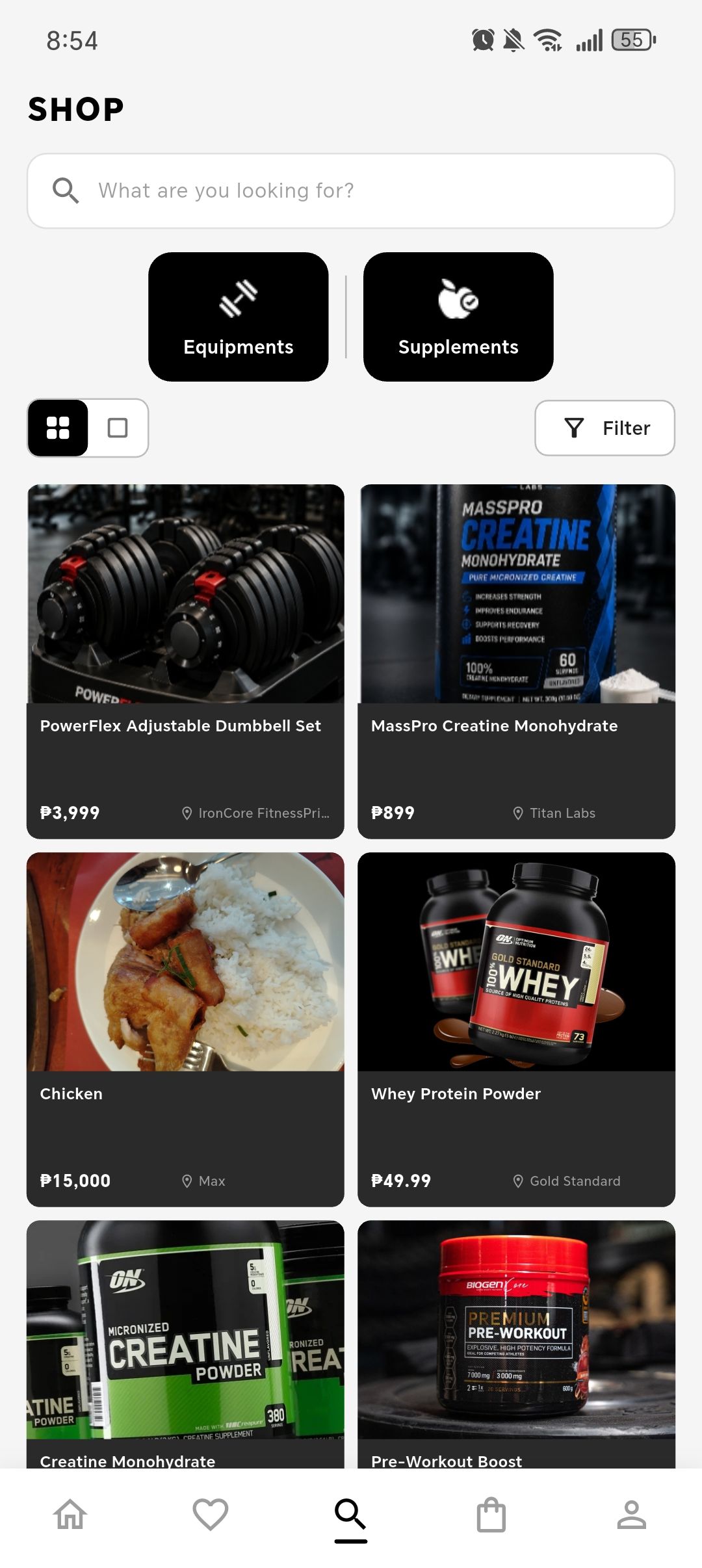 Muscle Mart shop with search, category controls, filters, and a two-column product grid with prices.