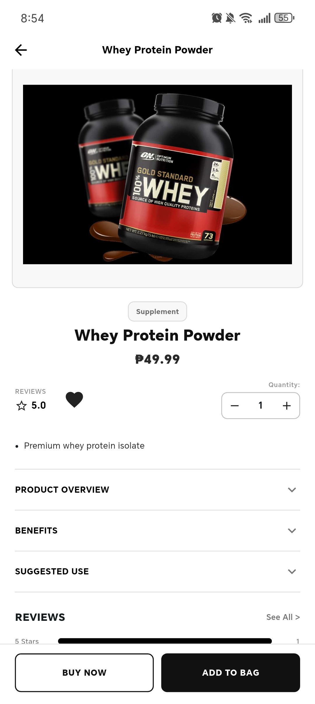 Whey protein product screen with photography, price, reviews, quantity controls, and Buy now and Add to bag actions.