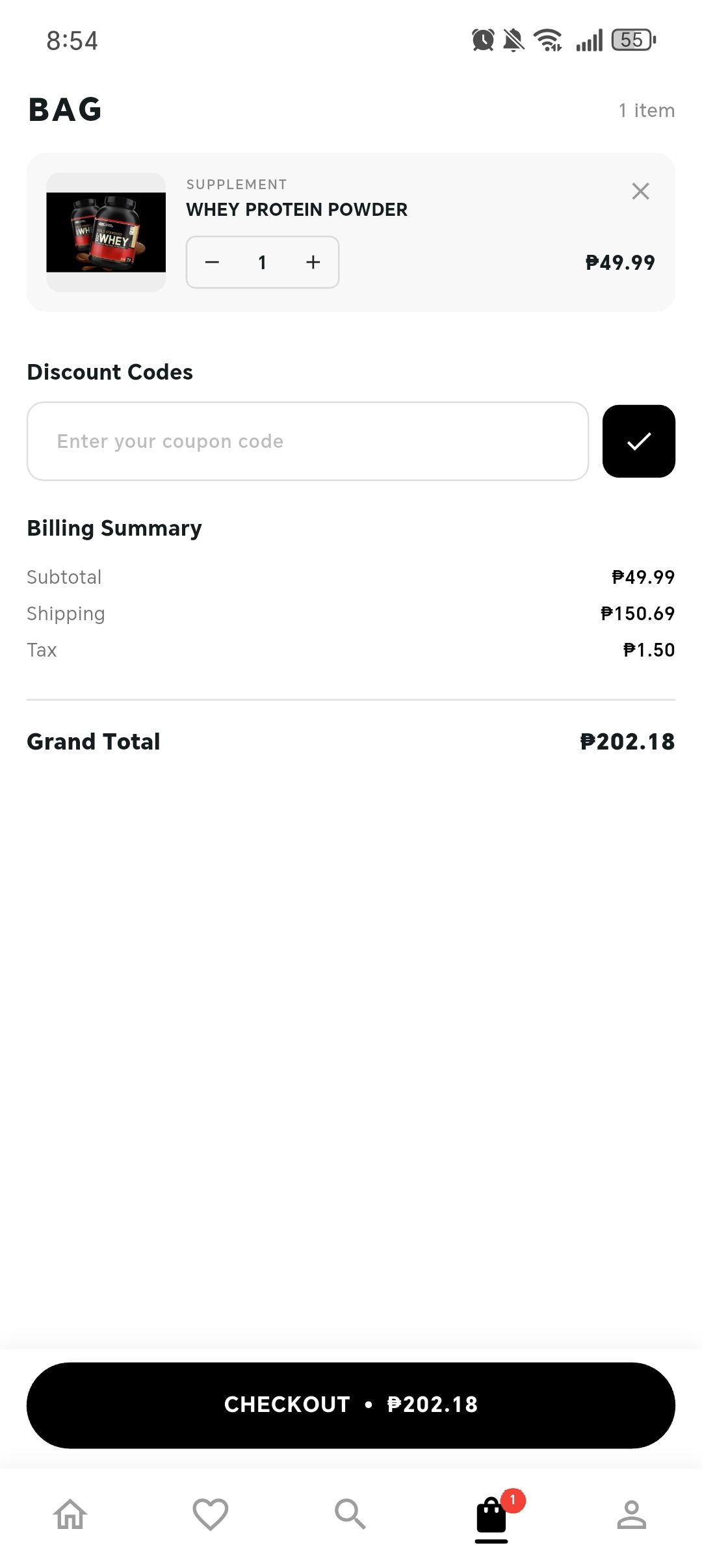 Muscle Mart shopping bag showing a selected product, quantity, discount code entry, billing summary, and checkout action.