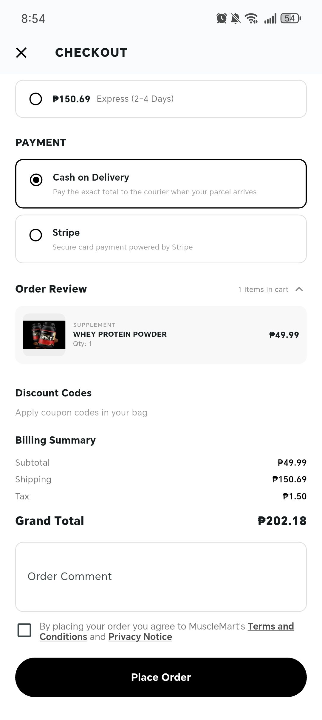 Muscle Mart checkout screen showing delivery, payment choices, order review, billing totals, and a Place Order button.