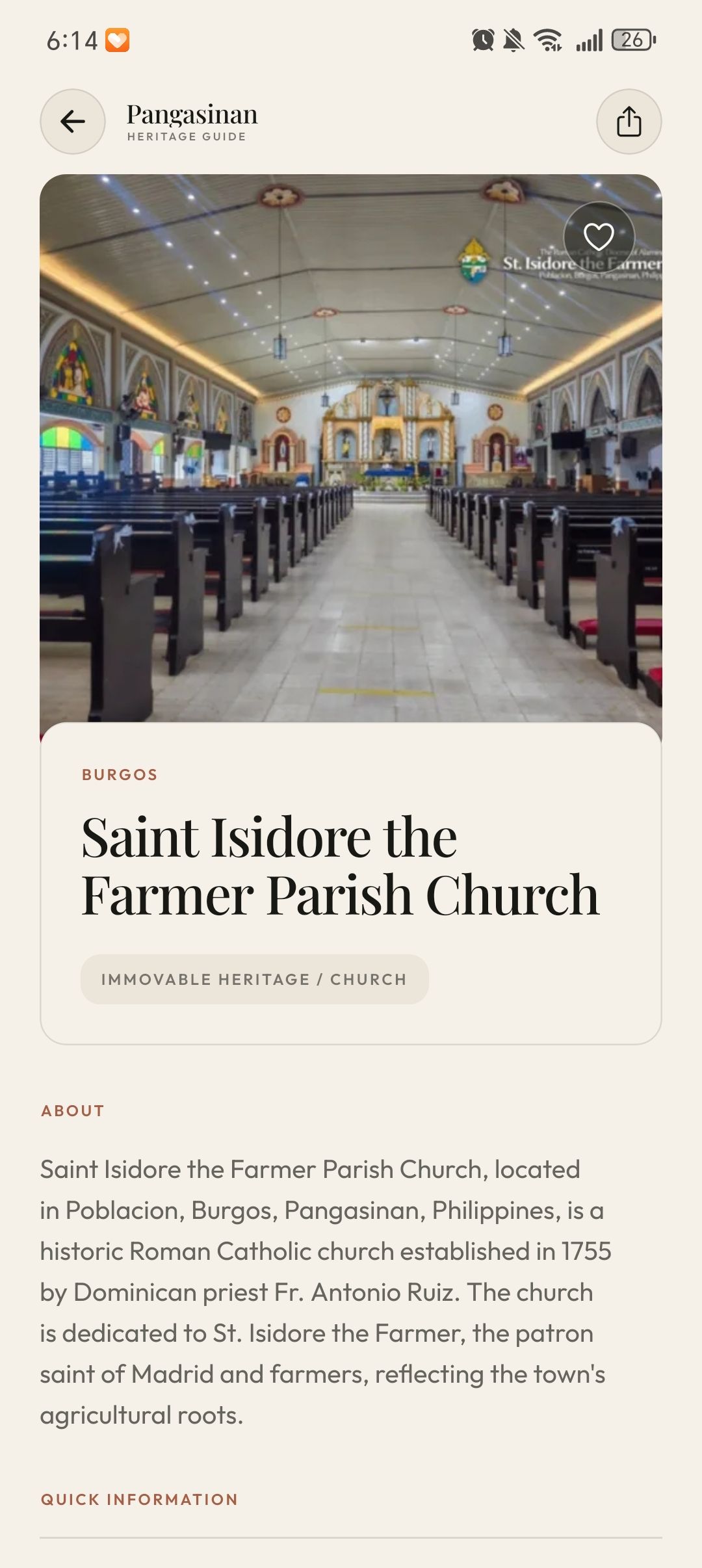 Saint Isidore the Farmer Parish Church detail page with a large photograph, classification, and descriptive text.