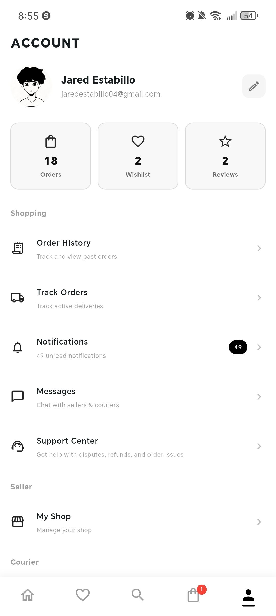 Muscle Mart account with orders, wishlist, reviews, tracking, notifications, messages, support, and seller shop access.
