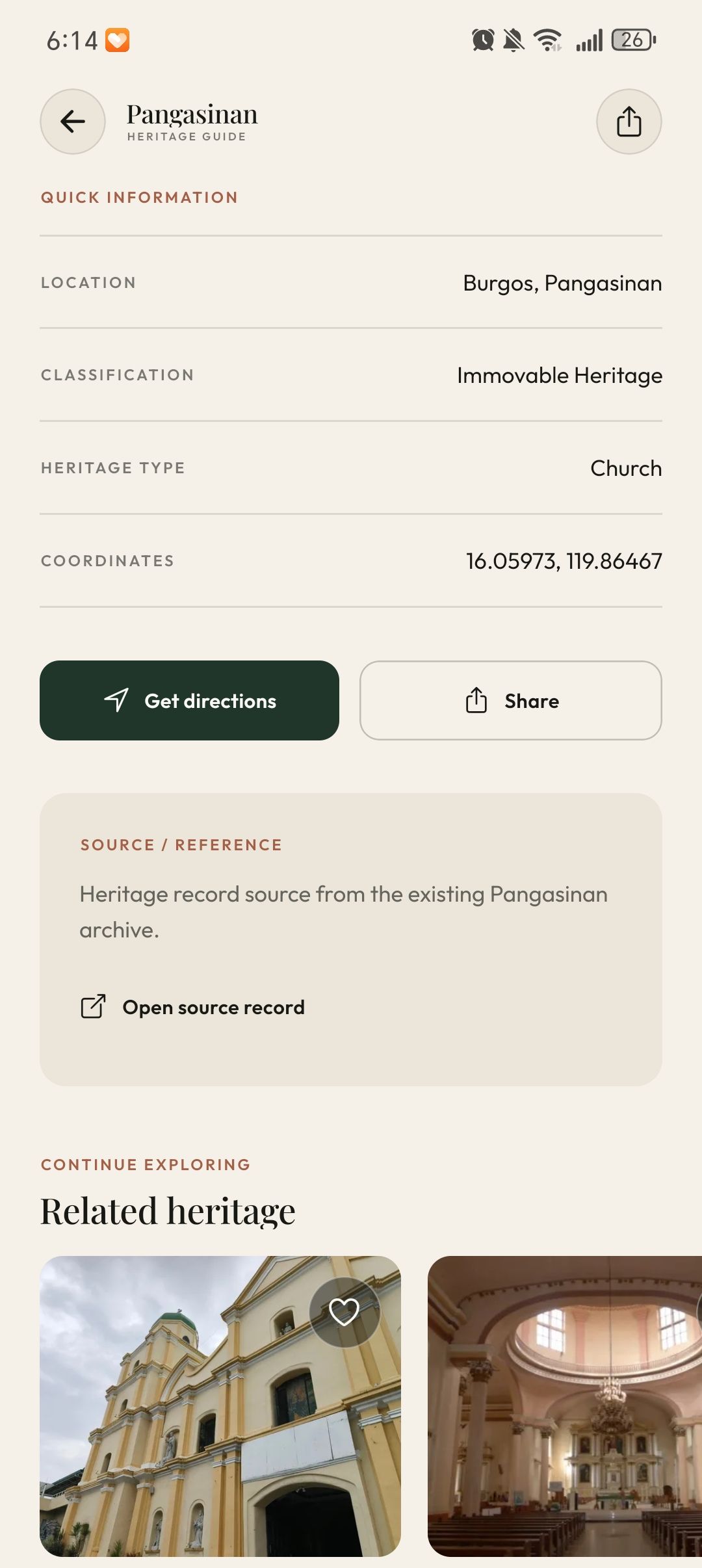 Place information, coordinates, directions and sharing controls, source reference, and related heritage places.
