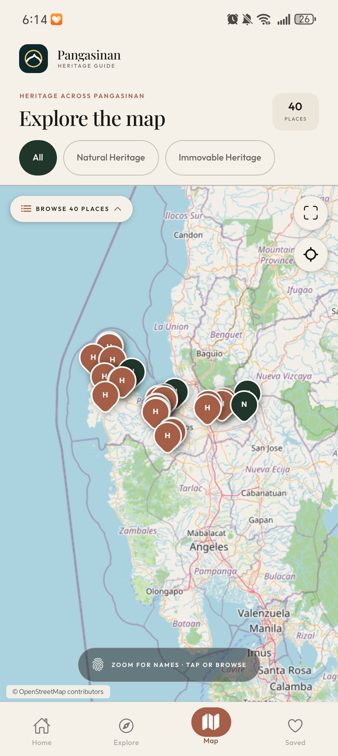 Heritage map with green and terracotta place markers, category filters, and OpenStreetMap attribution.